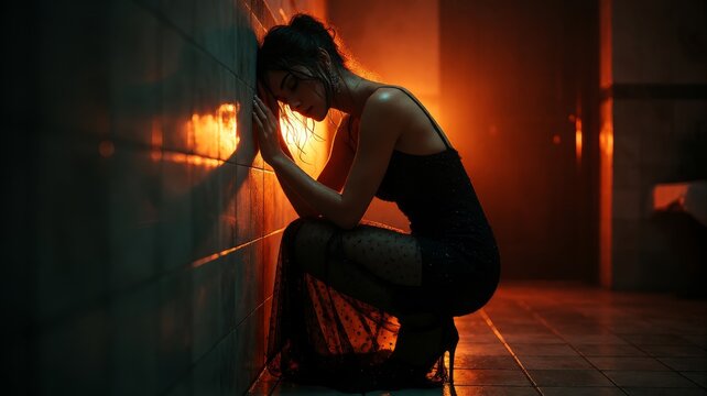 Dark alleyway with woman huddled on ground, illuminated by orange glow