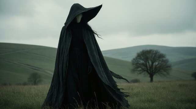 Dark Cloaked Figure with White Mask Standing in Grassy Field