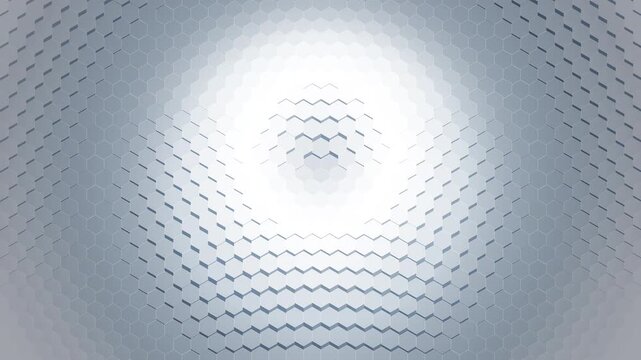 A premium 4K seamless 10-second looping motion graphic. Features a clean, abstract 3D white hexagonal grid undulating in concentric radial waves, rendered entirely in Canvas 2D using pseudo-isometric