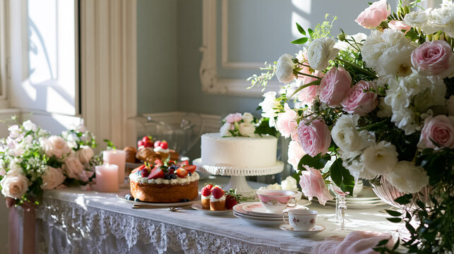 Tea party dessert table displaying a variety of cakes, pastries, vintage teacups, and beautiful flower arrangements in soft light