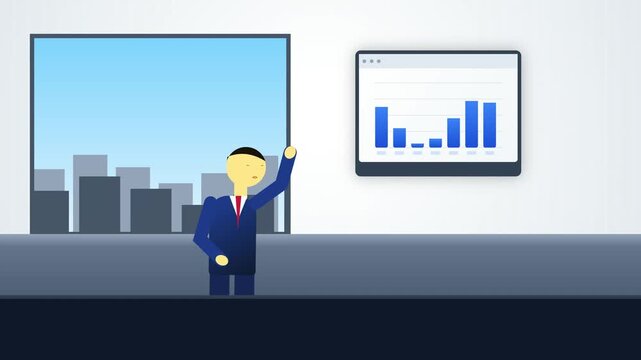 Businessman presenting bar chart data report in office vector animation loop, corporate character pointing to dashboard graph screen