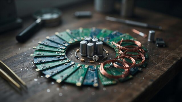 Electronic components arranged in circular pattern on wooden workbench, circuit boards and copper wire for hardware engineering