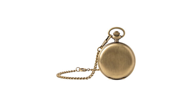 A classic vintage brass pocket watch with a chain on a white background.