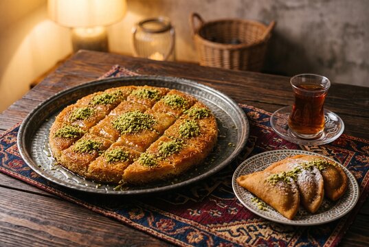 Golden kunafa with pistachio and qatayef, Middle Eastern desserts