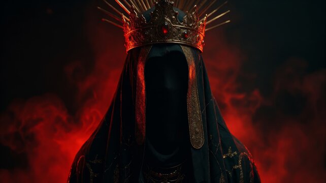 Dark Majestic Hooded Sovereign with Golden Crown and Red Smoke