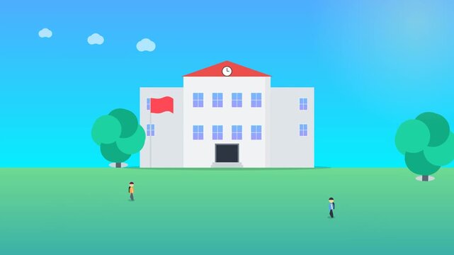 Students walking in front of school building vector animation loop, elementary school campus background illustration with flag and sunny sky