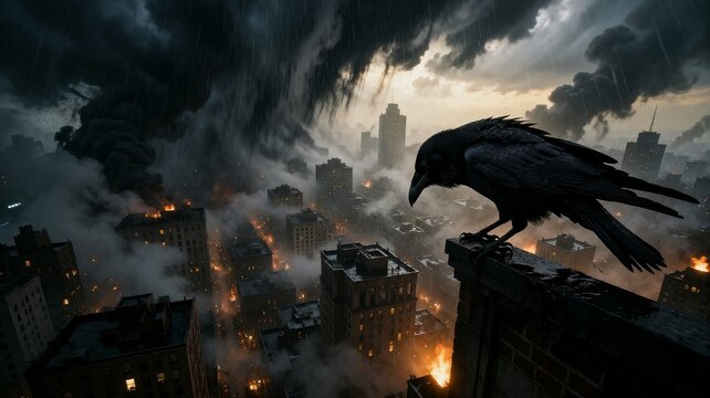 Dark raven silhouetted against a stormy, fire-lit urban wasteland