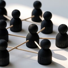 Obraz premium Black wooden figurines connected by sticks on white surface symbolizing teamwork, networking, and interconnected social relationships concept in soft natural li