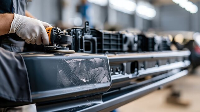 Worker polishing metal car part with electric buffer tool in an automotive factory workshop environment with protective gloves
