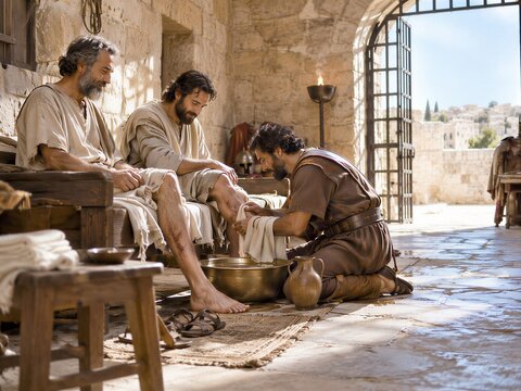 Philippian Jailer Compassionately Washes Wounds of Apostles Before Christian Baptism in Ancient Prison