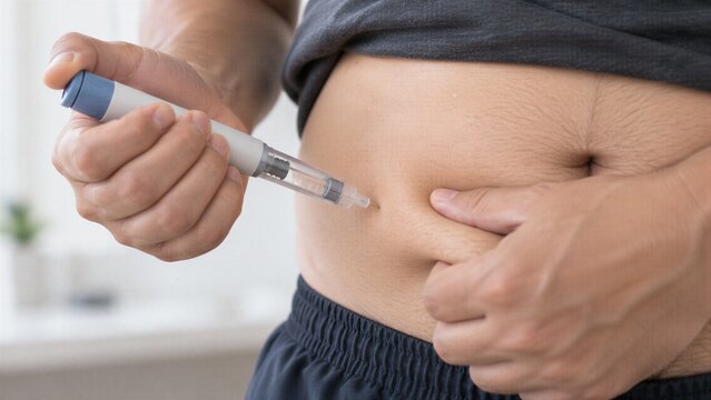 Man self-administering semaglutide with an auto-injector pen for subcutaneous weight loss and obesity management, emphasizing diet control and chronic diabetes care.