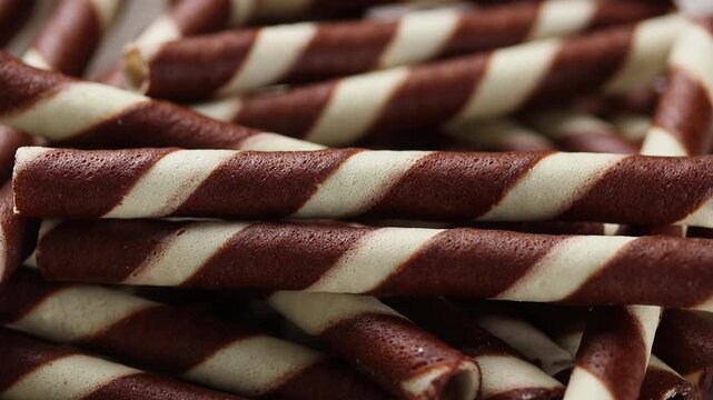 A pile of chocolate wafer rolls slowly rotating.