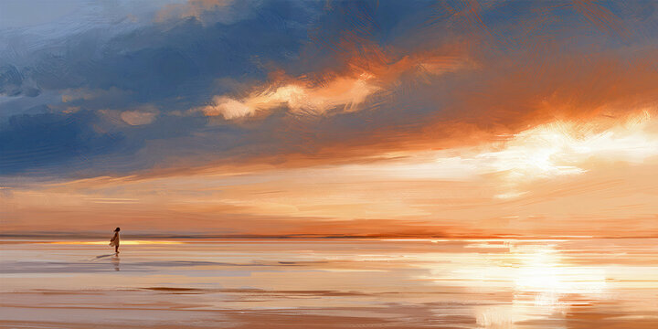 Solitary Figure Walking Along Serene Beach at Sunset, ai generated.