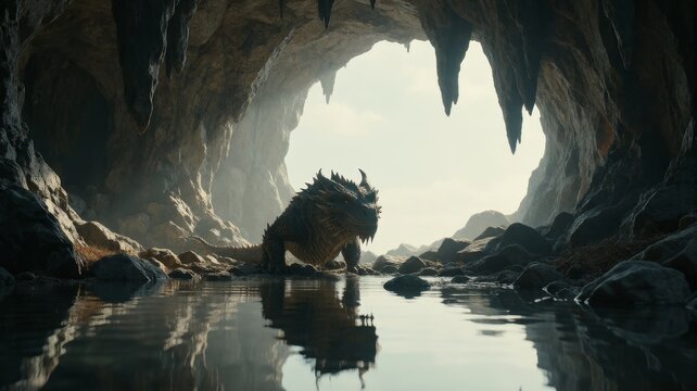 Draconic Creature Lair Interior in Cave with Water