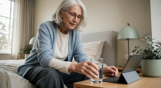 Elderly woman in a blue cardigan sips water near a tablet while relaxing in a bright, modern bedroom setting.