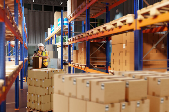 Warehouse logistics, worker handles cardboard boxes and organizes goods on pallet racks during order picking, inventory management and distribution.
