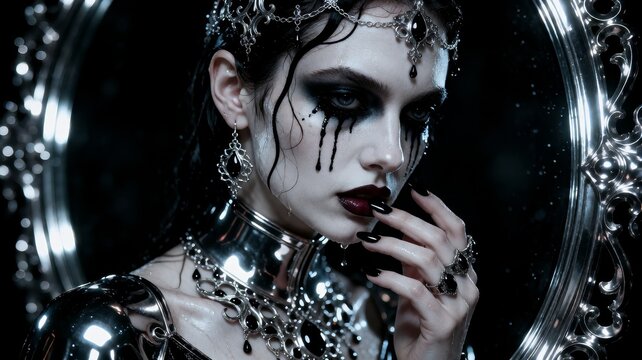 Dramatic portrait of woman with black makeup and silver accessories