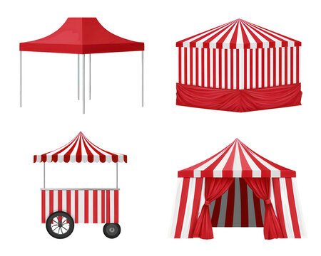 Collection of red and white market stalls and carnival tents isolated