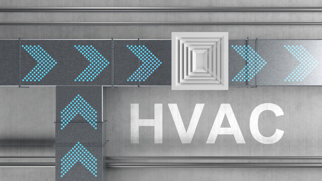 HVAC ventilation system, air ducts distribute conditioned airflow through a building using ceiling diffusers for heating, cooling and climate control.