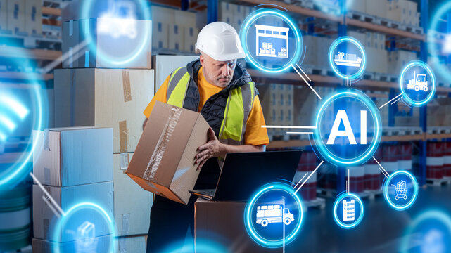 AI warehouse logistics, worker handles parcels while artificial intelligence manages inventory, transportation, shipping and automated supply chain operations.