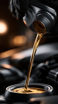 Pouring fresh golden motor oil into a vehicle engine during routine maintenance for optimal performance and engine protection