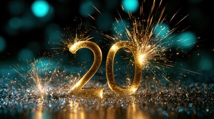 Fototapeta premium Golden number 20 sparkling with festive fireworks on glittering surface against glowing blue bokeh lights background celebrating milestone event