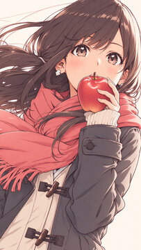 Anime woman in a pink scarf and winter coat holding a red apple，ピンクのマフラーと冬のコートで赤いりんごを手にするアニメ調の女性
