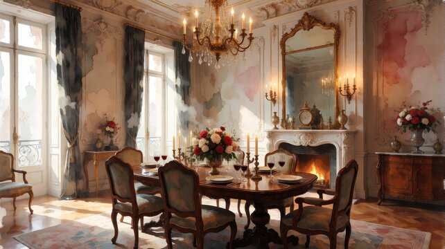Elegant French Rococo Dining Room with Chandelier and Fireplace