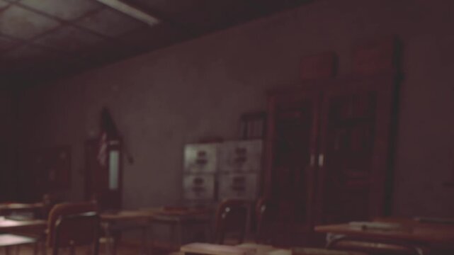 A classroom features empty desks arranged in rows. Shelves line the walls, and light coming from the window casts shadows across the floor in the late afternoon.