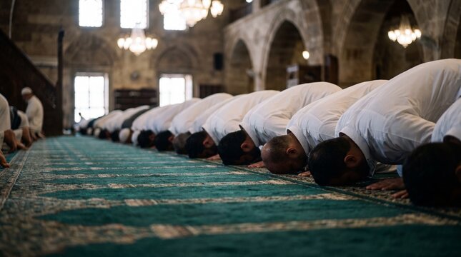 Muslim men prostrating in congregational prayer inside mosque