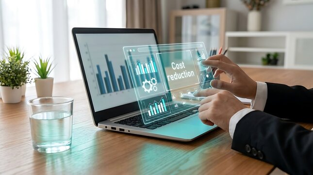Businessman interacting with digital cost reduction holographic interface on laptop screen in modern office workspace environment