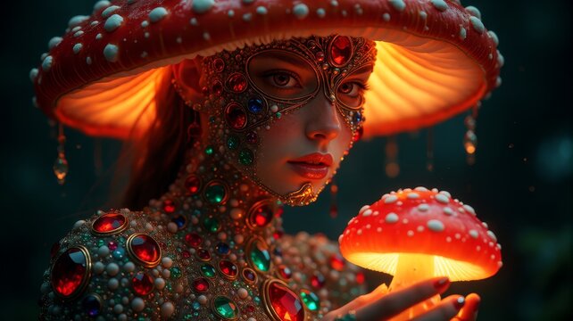 Enchanting Mushroom Fairy with Glowing Amanita and Jewels