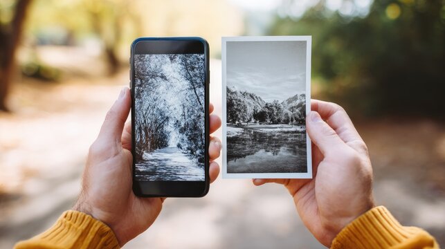 Hands hold a phone with a color photo and a black-and-white print of the same scene