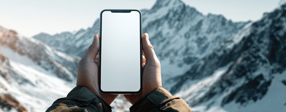 Smartphone held outdoors, snowy mountains in background