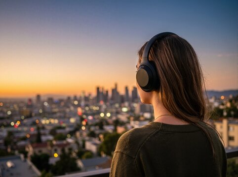 Woman wearing headphones looking at city skyline at sunset. Relaxing and listening to music with blurred urban background