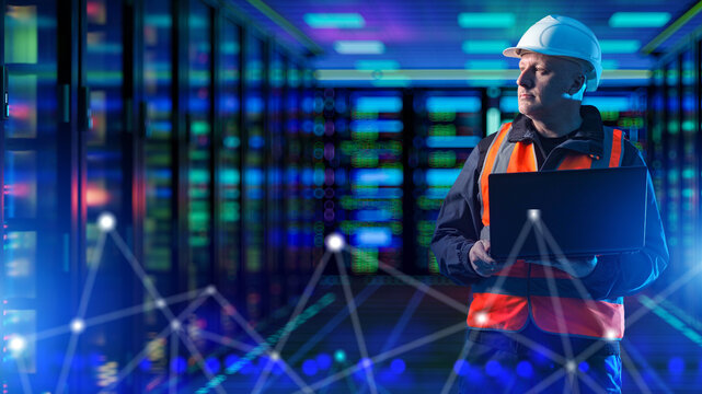 Data center operations, engineer with laptop monitors server infrastructure, network performance and digital systems in a modern server room.