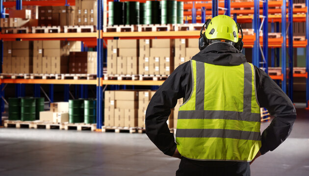 Warehouse logistics, worker in safety vest and hard hat supervises storage racks with boxes and barrels in an industrial distribution center.