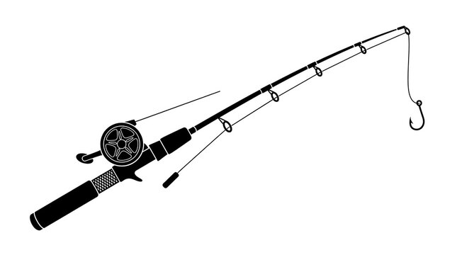 Fishing rod vector illustration with reel and hook, isolated black silhouette graphic for outdoor sports and recreational fishing design projects