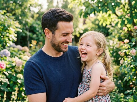 Happy father holding laughing daughter in sunny garden. Smiling man bonding with little girl outdoors. World Smile Day concept