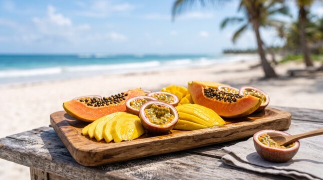 Exotic tropical fruits papaya mango passionfruit served on a wooden board at a sunny beach with palm trees and ocean waves