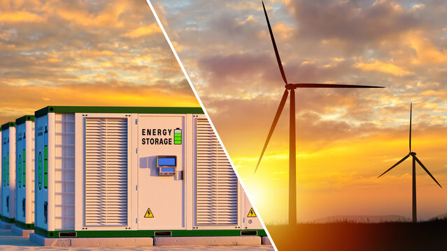 Energy storage, battery containers store electricity generated by wind turbines for renewable power supply, grid balancing and energy management.