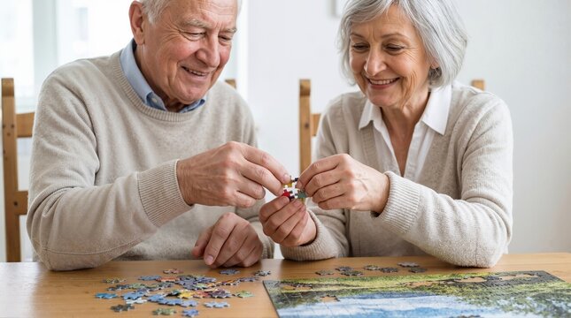 Elderly couple assembling jigsaw puzzle together at home. Happy senior man and woman doing leisure activity at wooden table