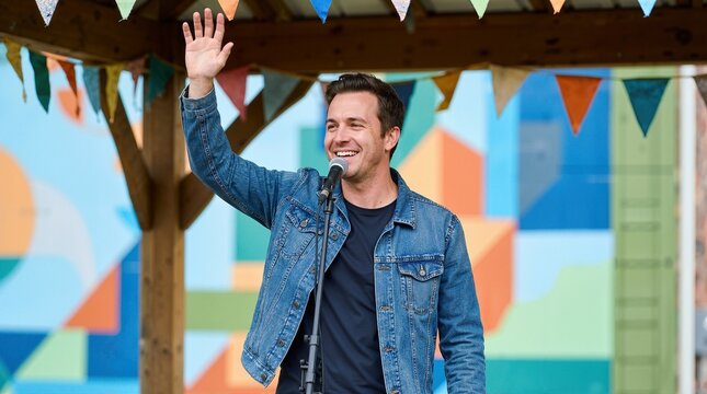 Cheerful male musician waving hand at microphone on outdoor stage. Happy singer performing at music festival or community event
