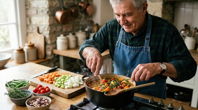 Senior man cooking vegetable stew in rustic kitchen. Mature male preparing healthy homemade soup on stove. World Vegetarian Day cooking