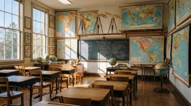 Vintage Classroom Interior with Maps and Chalkboard.