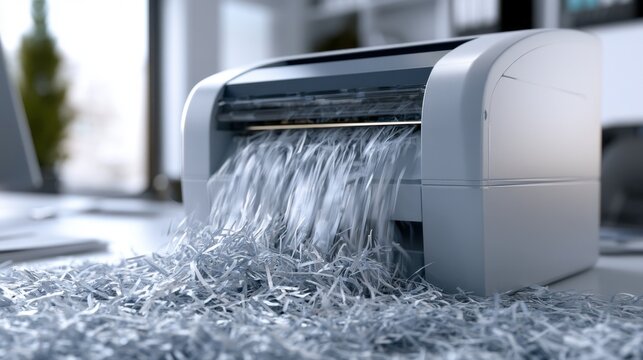 High-speed office shredder efficiently cutting documents into thin strips with shredded paper scattered around for secure paper disposal in a modern workspace