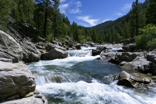 Stunning mountain river flowing rapidly over rocky terrain surrounded by lush green pine trees under a bright blue sky with wispy clouds in a serene natural landscap