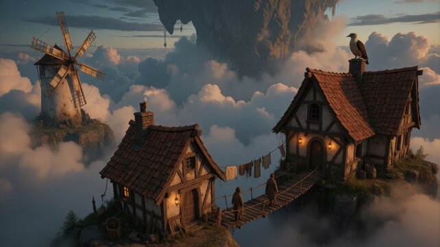 Fantasy floating village with cottages and windmill in the clouds