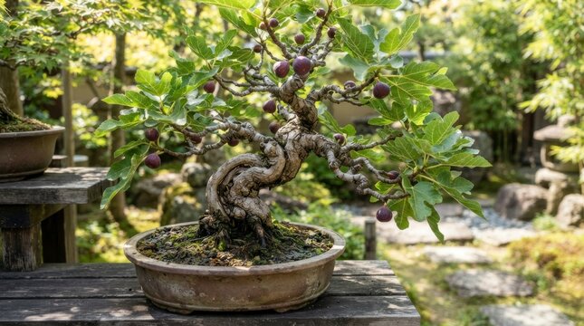 Exquisite twisted trunk bonsai tree in a serene Japanese garden.