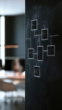 Organizational chart diagram drawn in white chalk on a blackboard in a modern office space with blurred background seating and lighting
